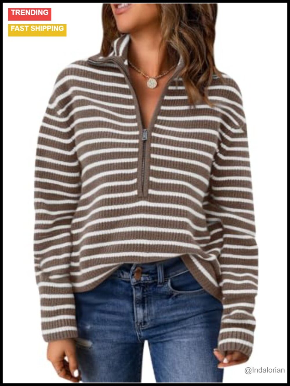 Striped V Neck Half Zip Loose Knit Pullover Sweater
